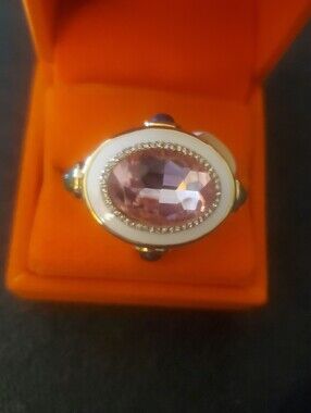 Kurt Geiger Gold Tone Pink Oval Crystal Cocktail  Ring with White Enamel